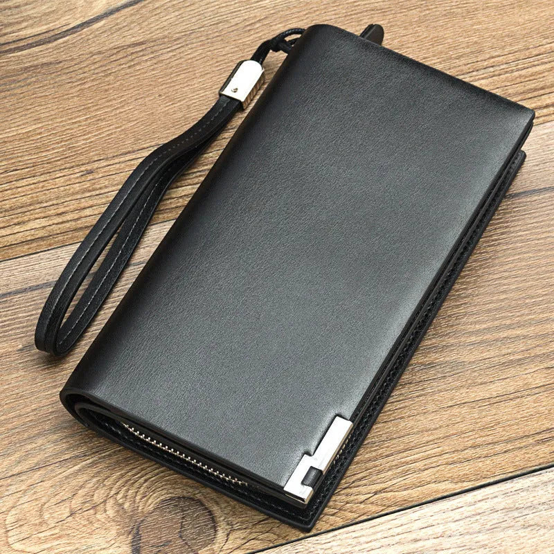 Men's black PU leather wallet with a long silver zipper, closed.