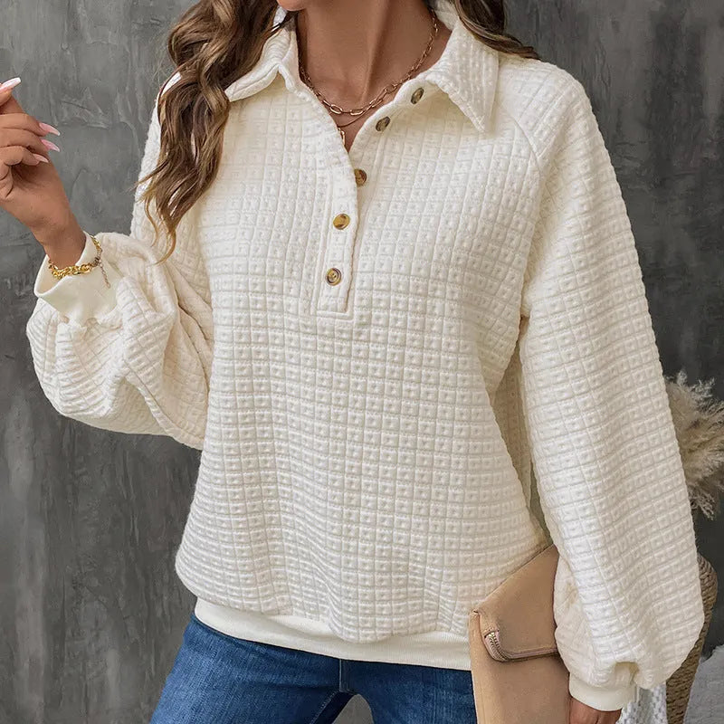Women's solid colour thick sweater with a textured polo collar, shown in milky white.