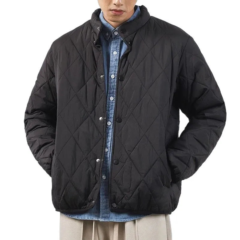 Men's black diamond pattern cotton-padded jacket with elongated length and loose urban style