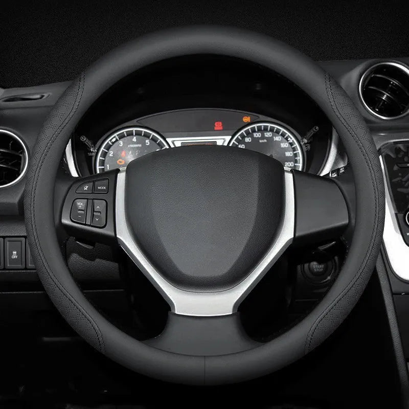 Black two-colour line universal leather steering wheel cover for Suzuki cars with a 38cm diameter