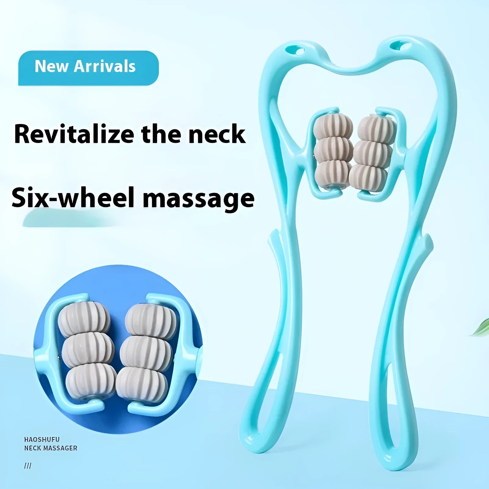 Blue handheld six-wheel massager for neck, shoulders and back muscle tension relief
