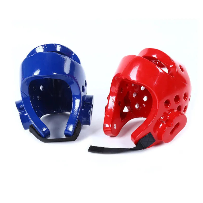 Red martial arts protective gear set showing leg guard, helmet, and boxing gloves for karate taekwondo training