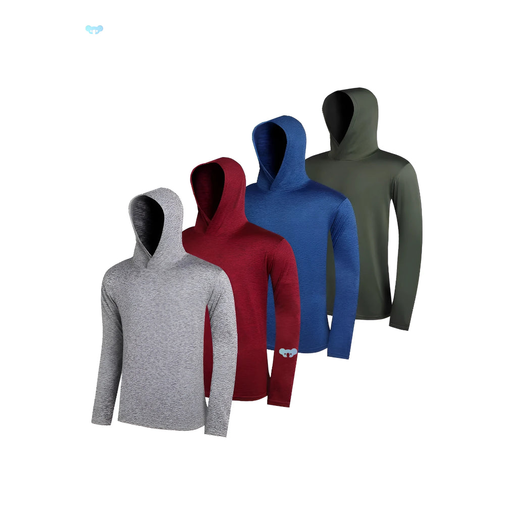 A stack of four men's lightweight polyester hoodies in various colours, showing both hooded and non-hooded styles.