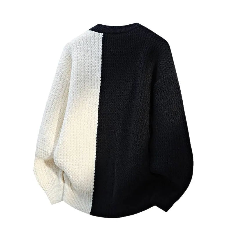 Men's loose fit round neck sweater pullover in black polyester fibre, front view