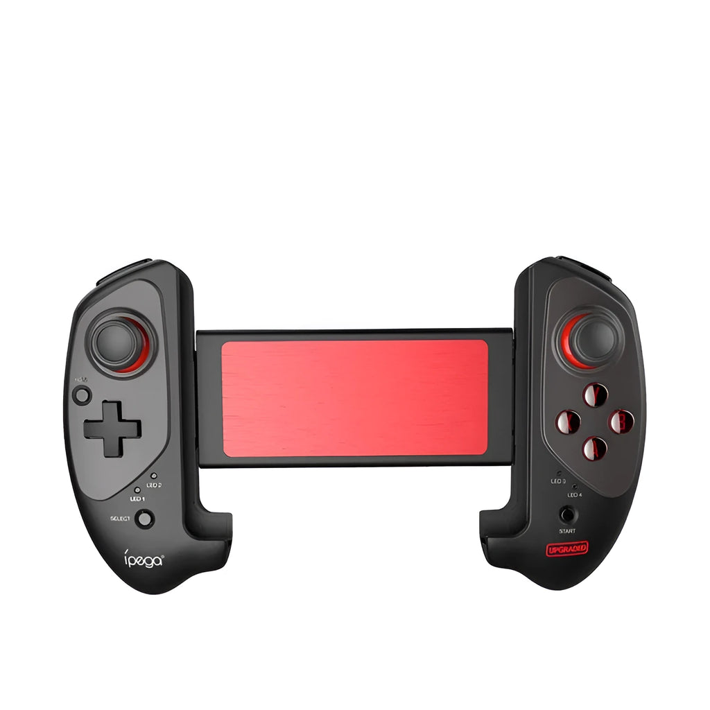Red telescopic Bluetooth gamepad holding a smartphone, with a USB cable for PC connection.