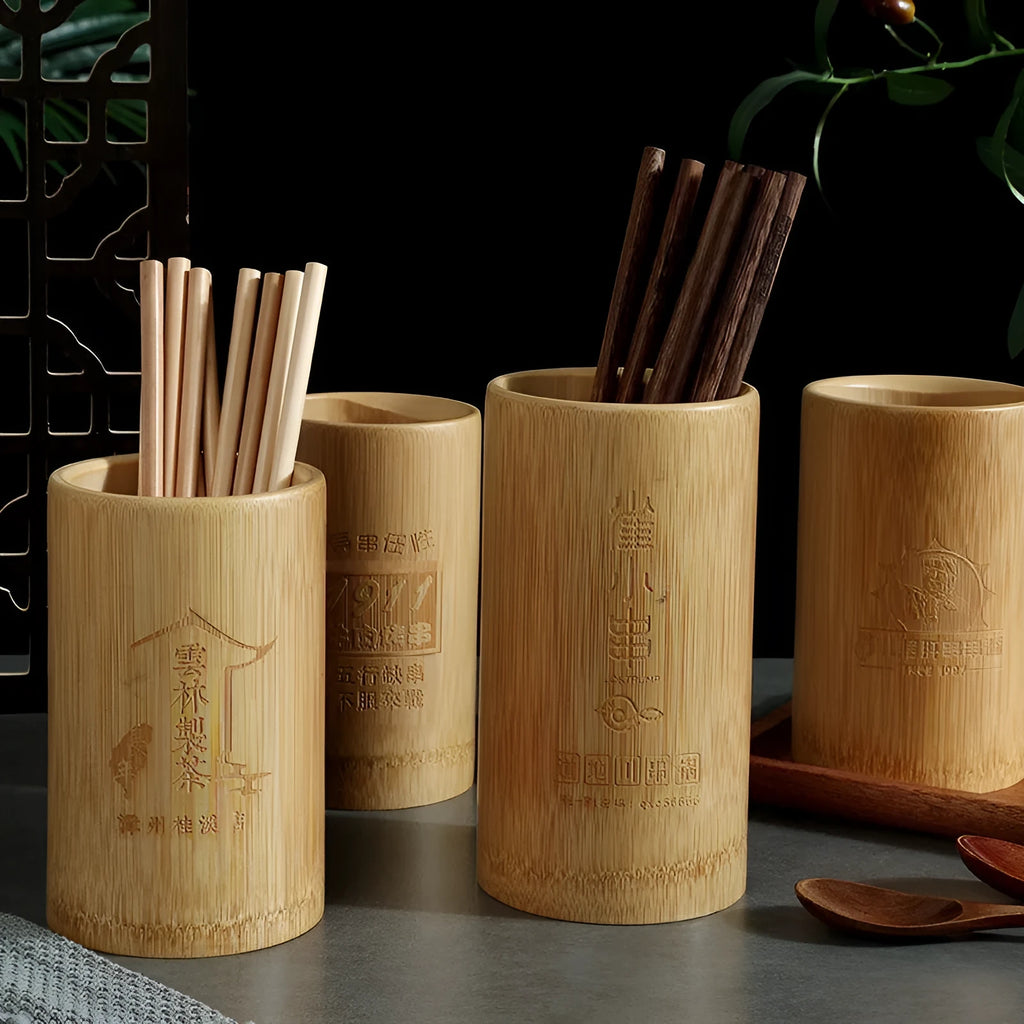 Portable bamboo chopstick holder tube in various sizes and creative designs.