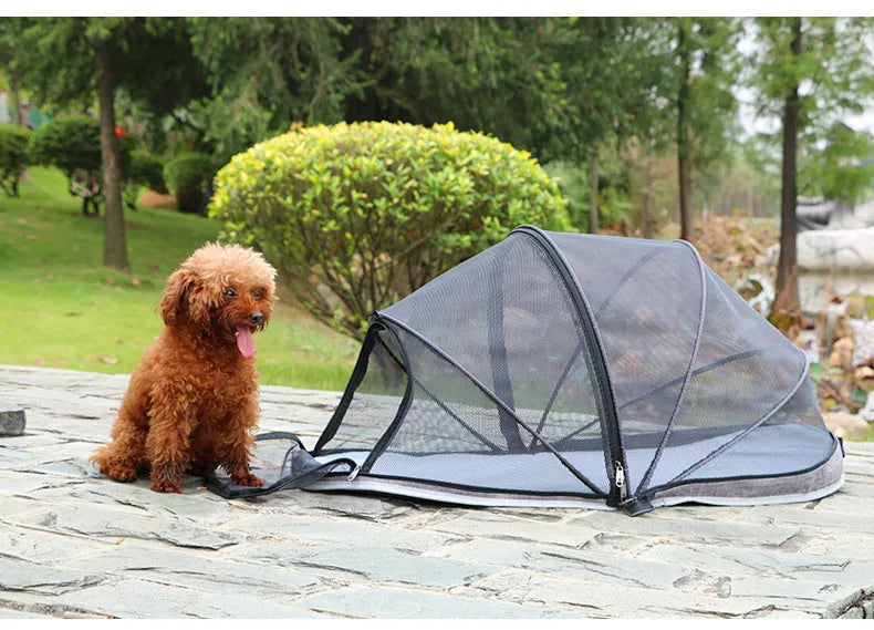 Portable cat folding tent in L code size with half mesh panels shown folded and set up
