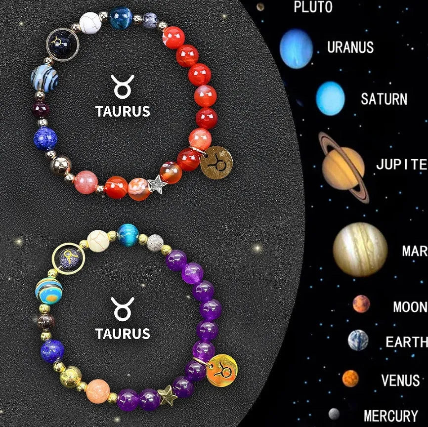 Two natural stone beaded bracelets for zodiac signs on a neutral background.