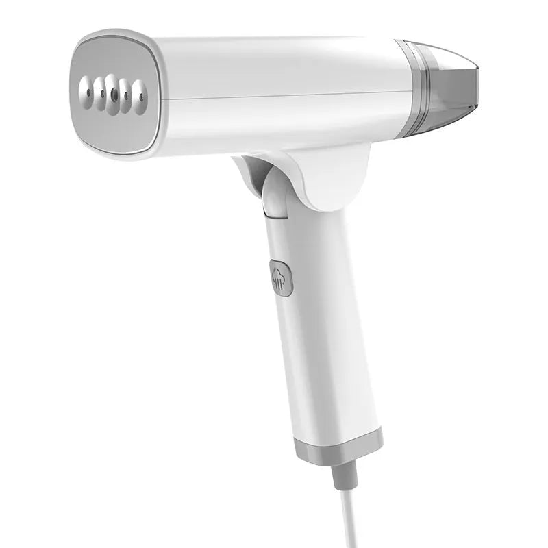 Blue handheld garment steamer with mechanical controls and hanging function