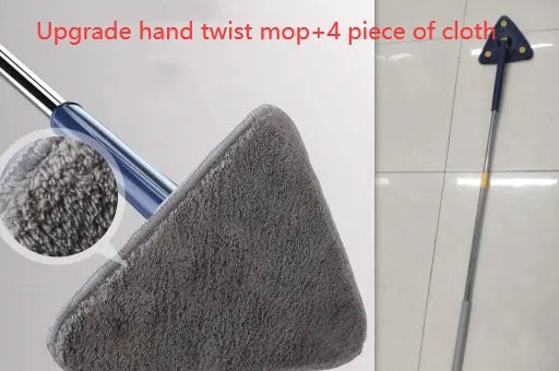 Blue triangle cleaning mop with extendable stainless steel pole and 360-degree rotating head