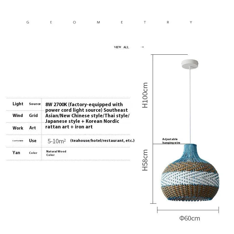 Vine woven rattan pendant lamp with natural weave pattern in Southeast Asian pastoral style