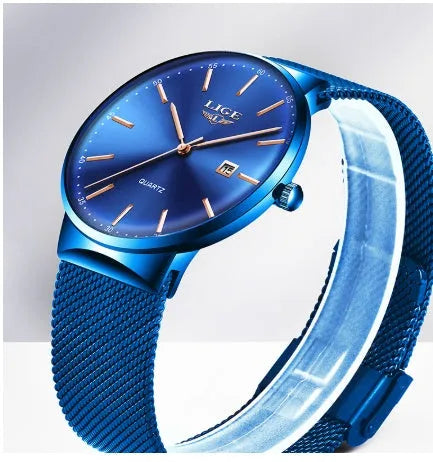 Men's stainless steel watch with a 40mm dial shown in black, blue, and two-tone colour options