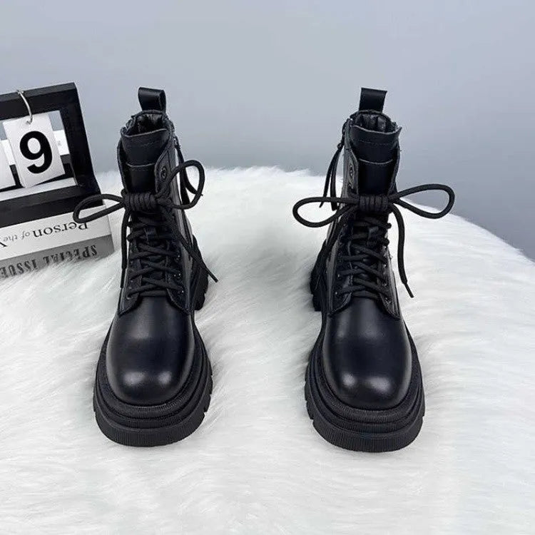 Women's thick-soled British-style leather boots with mid heel, lace-up front, round toe, rubber sole, black colour