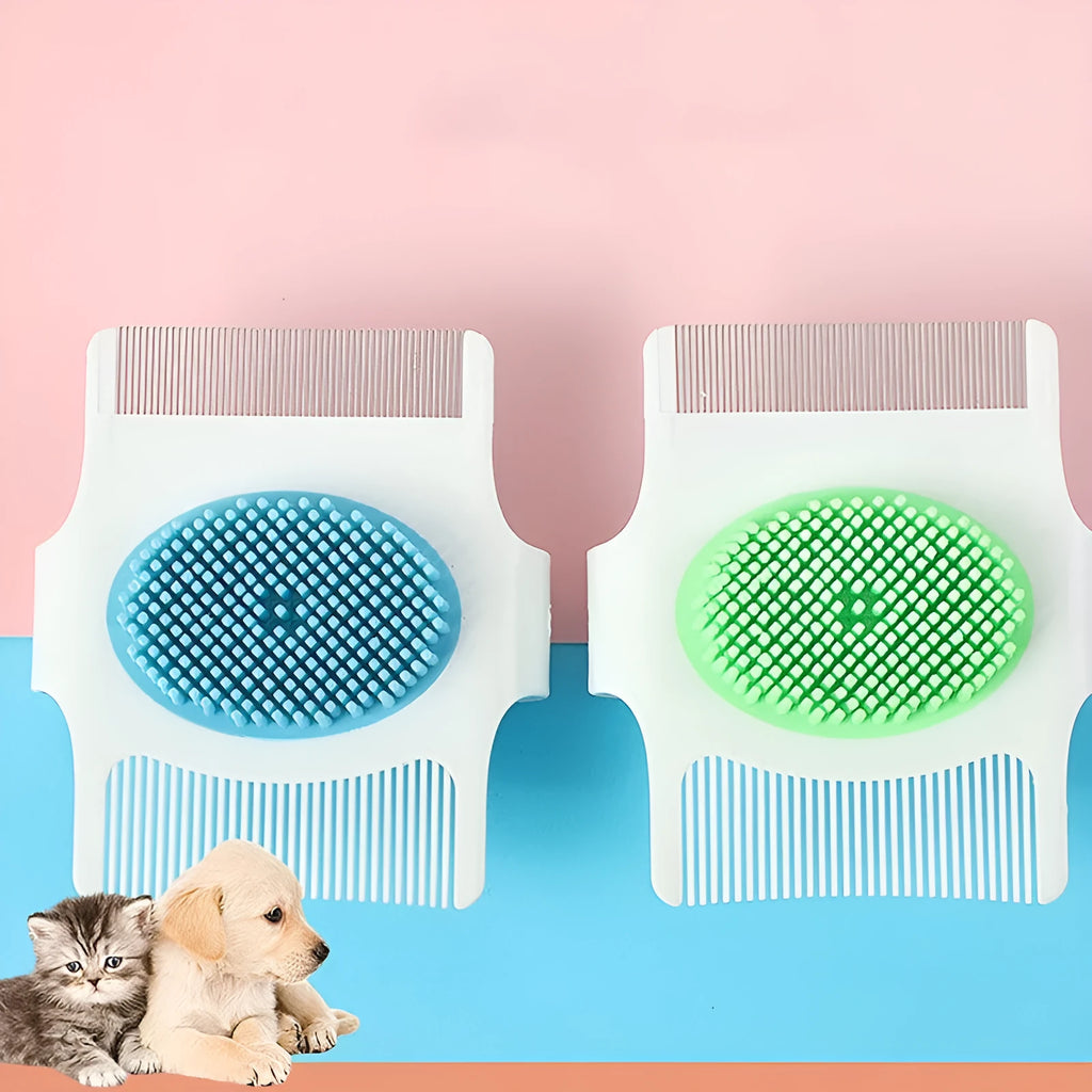 Multifunctional pet comb in blue or green for dog hair removal and massage, measuring 8.5cm x 7.5cm