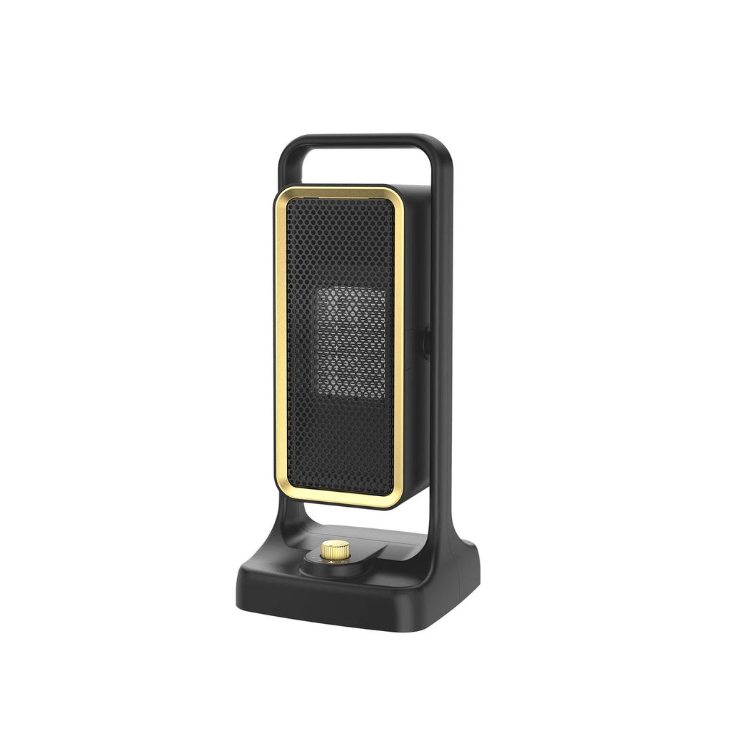 Black HQ-500A PTC ceramic desk heater with control knob on a desktop.