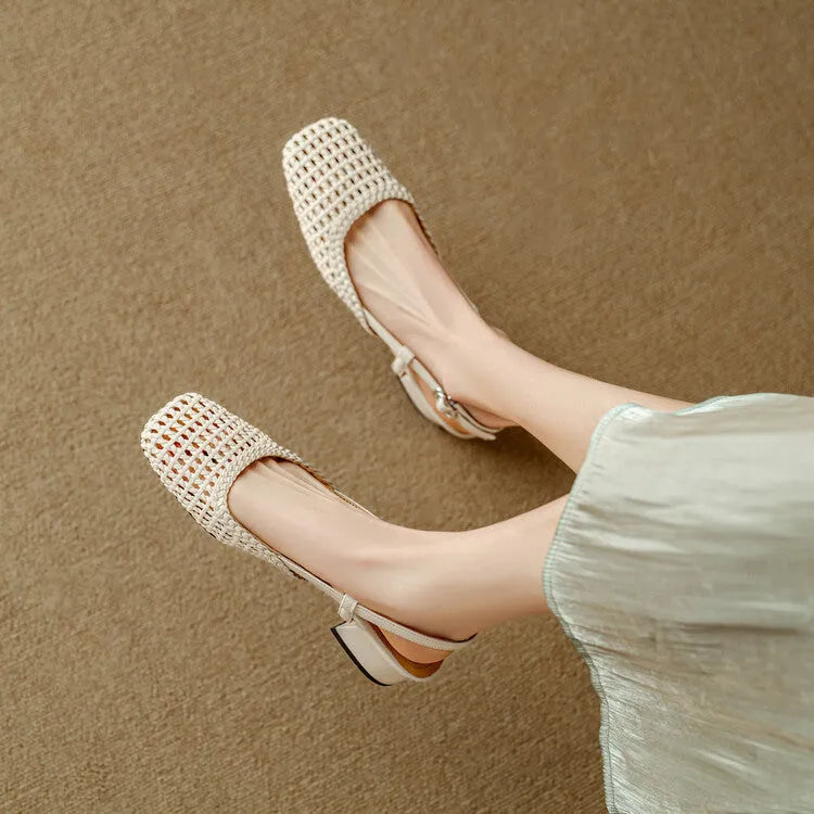 Women's beige woven sandals with a closed square toe, chunky heel, and buckle strap.