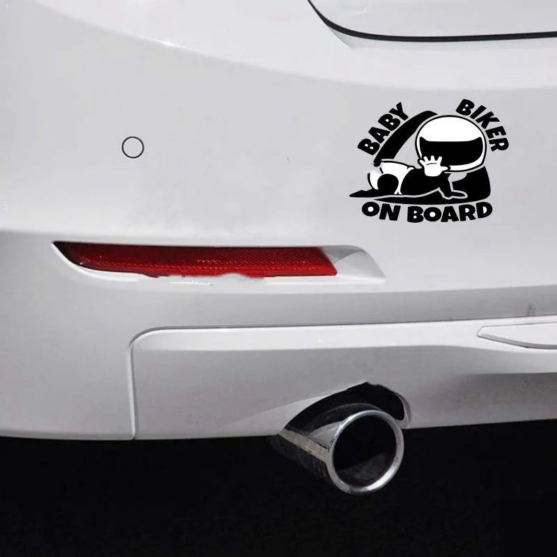 Reflective Baby on Board personality warning car sticker in black or white, sized 14.5cm by 15cm.