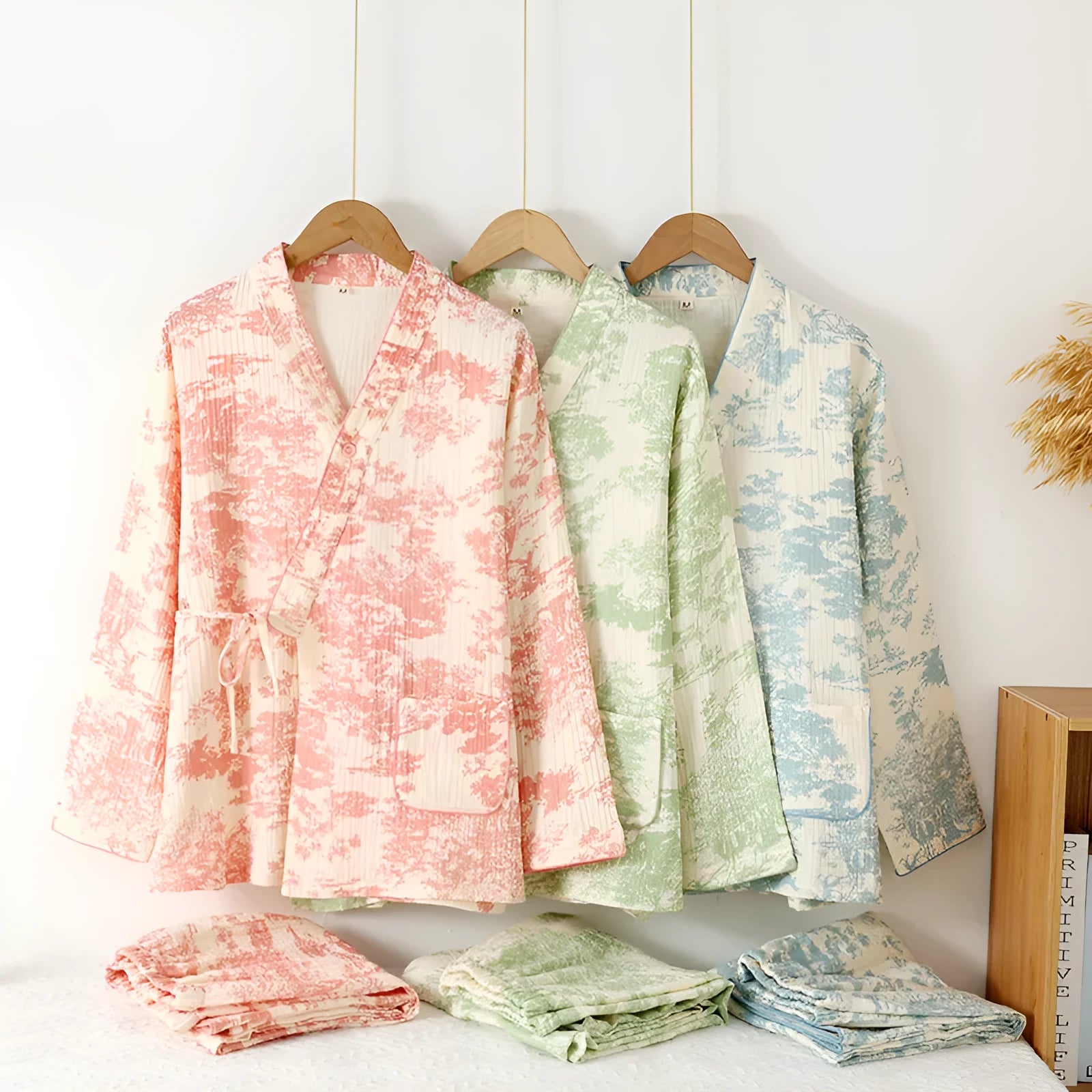 Women's pure cotton gauze lounge suit with long sleeve top and lace-up trousers in pink, blue or green