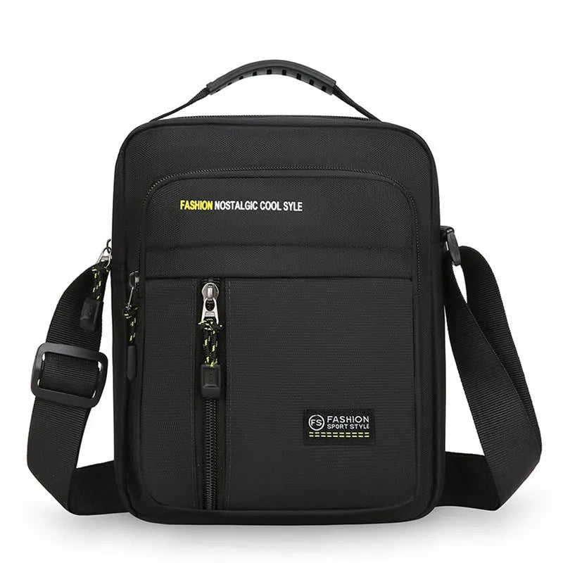 Men's casual nylon crossbody messenger bag in green, gray, black or blue with sewing thread detail