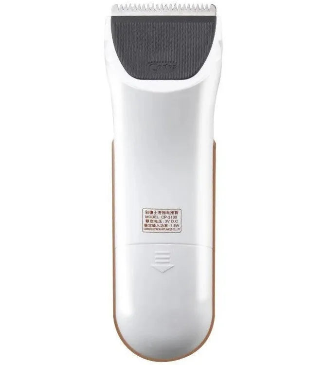 White electric pet hair clipper with ceramic blade for grooming dogs and cats.