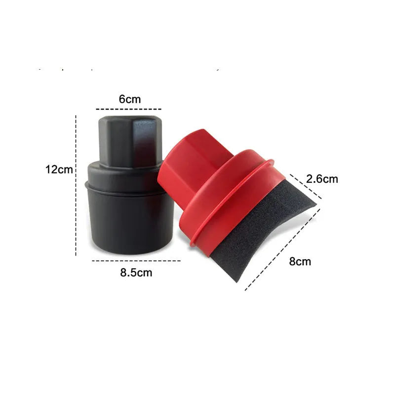Black and red tyre polishing sponge brushes with lids on a surface, showing hand-held design and sponge options.