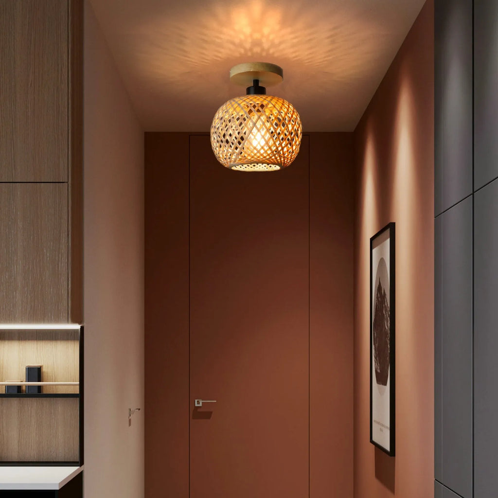 Japanese-style woven bamboo ceiling pendant light with a wood-colour finish, shown from below.