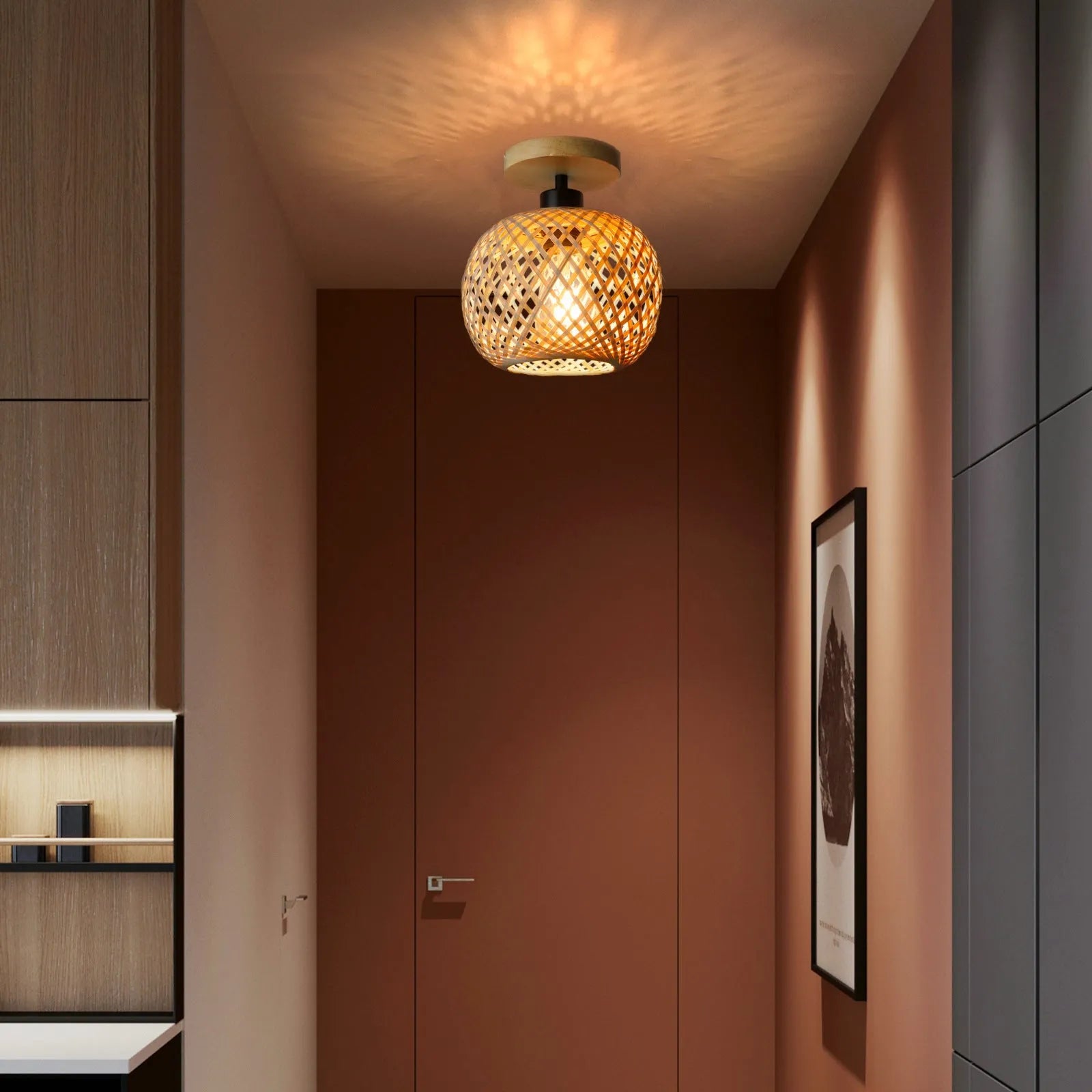 Japanese-style woven bamboo ceiling pendant light with a wood-colour finish, shown from below.