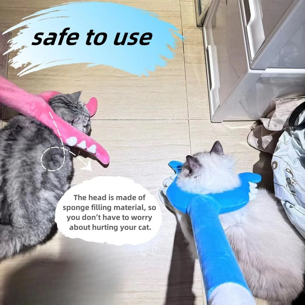 Blue or pink plush cat wand toy measuring 70cm long for interactive pet play