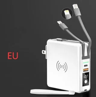Black and white QI wireless charging power bank with PD20W fast charging and international travel plugs