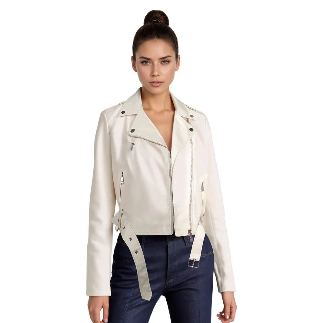 Women's black PU leather motorcycle jacket with lapel collar and a short waist belt.
