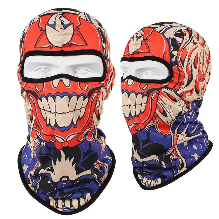 Breathable Bakool silk motorcycle skull mask in a graphic design, laid flat showing its 36cm by 29cm size.