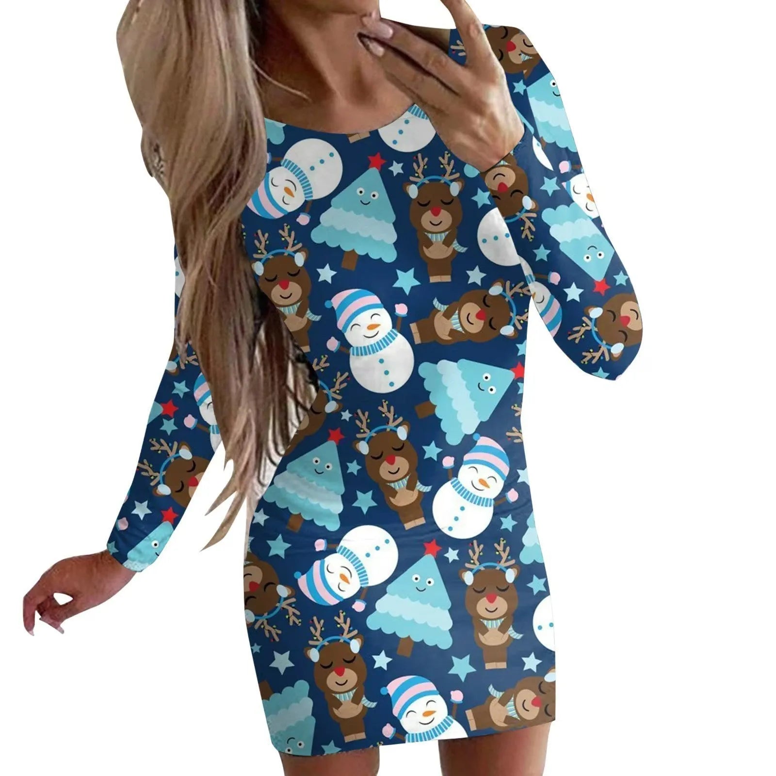 Women's Christmas printed dress with animal patterns, round neck, long sleeves in floral colours