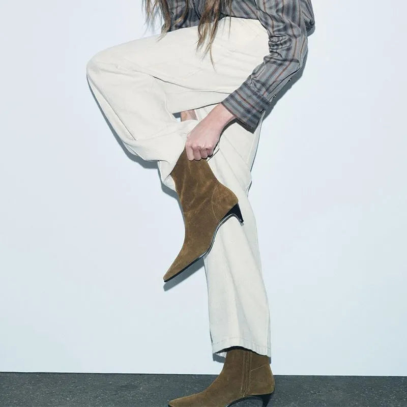 Brown square toe ankle boots with side zipper and kitten heel on waterproof platform