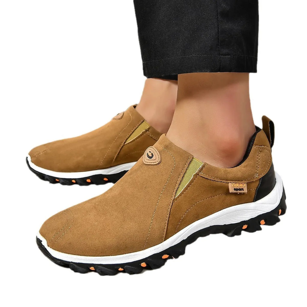 Men's round toe thin slip-on shoes in multiple colours on a white background.