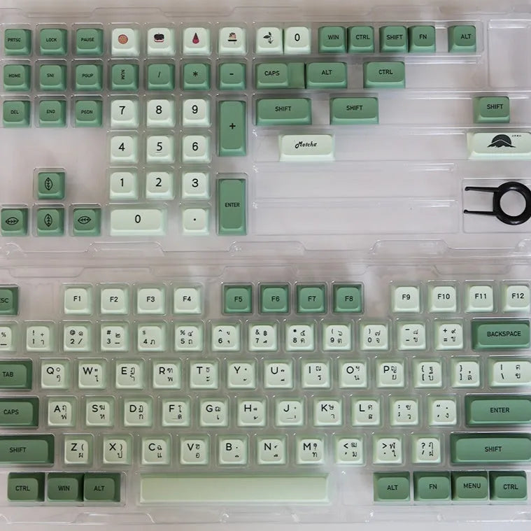 124 PBT keycaps in Matcha green colour arranged by language layout for mechanical keyboards