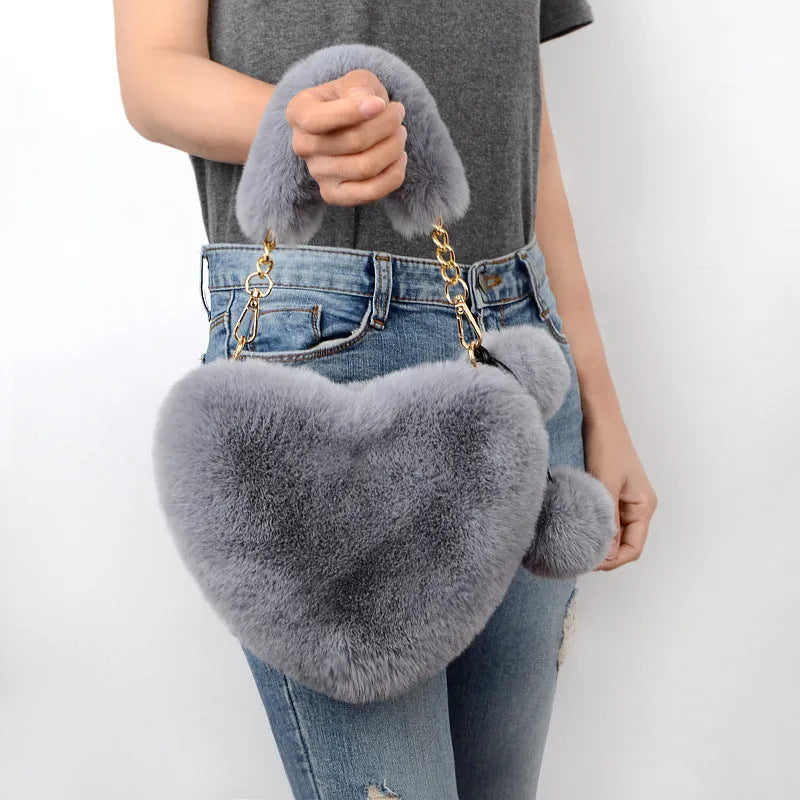 Heart-shaped soft plush women's handbag with detachable strap in multiple colour options