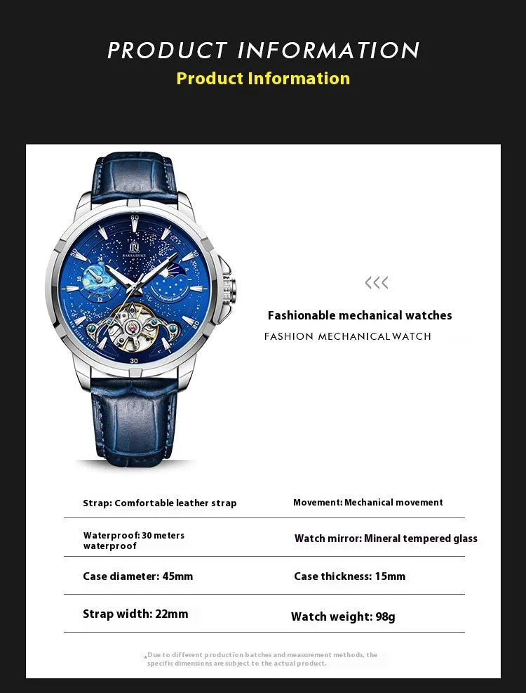 Men's blue automatic mechanical watch with stainless steel case and visible workings