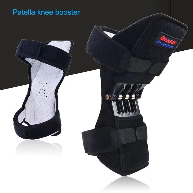 Adjustable black spring knee brace with straps and venting holes for sports support.
