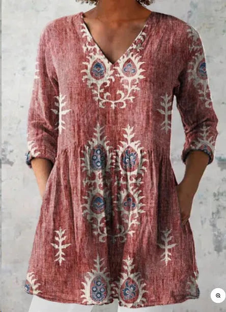 Women's printed wave pattern loose dress with 3/4 sleeves and wide waist design in polyester fabric