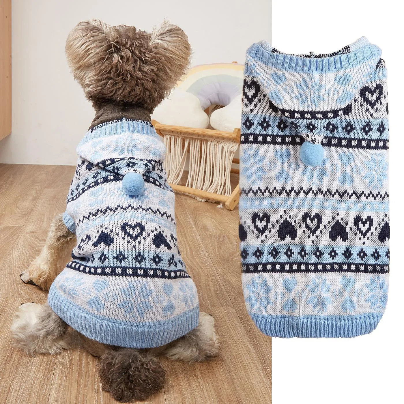 Pink knitted dog sweater with snowflake, love, stripe, and camouflage pattern on a small dog