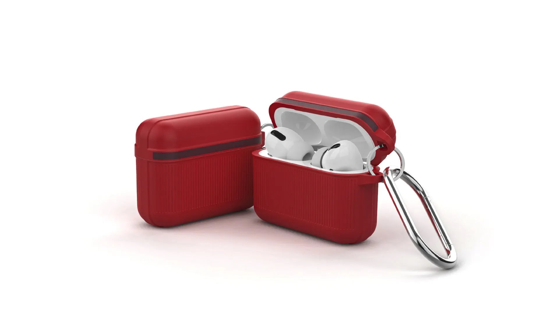 Silicone clamshell case for Apple AirPods with a metal buckle, shown in various colours.