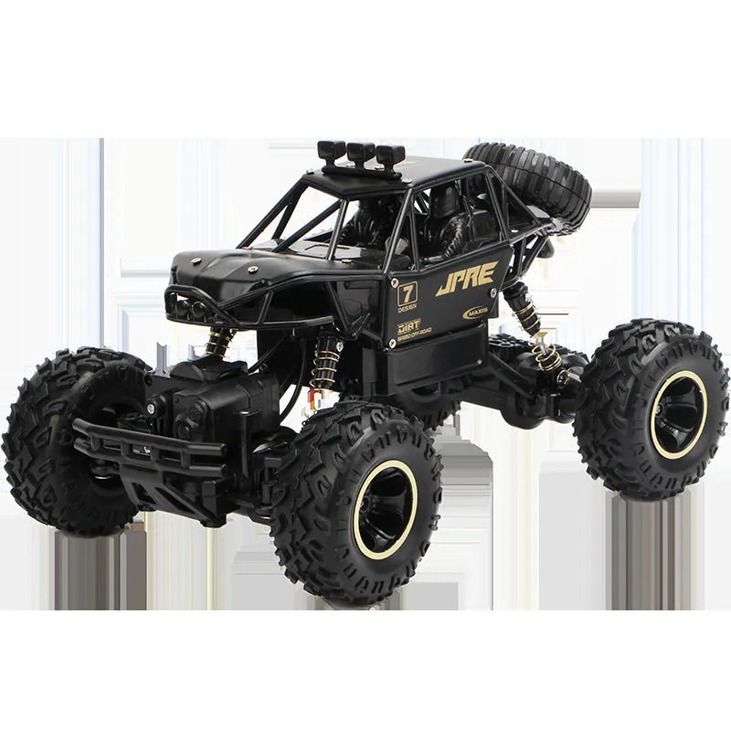Black and silver remote control climbing cars with 2.4G wireless controller on a rough surface.