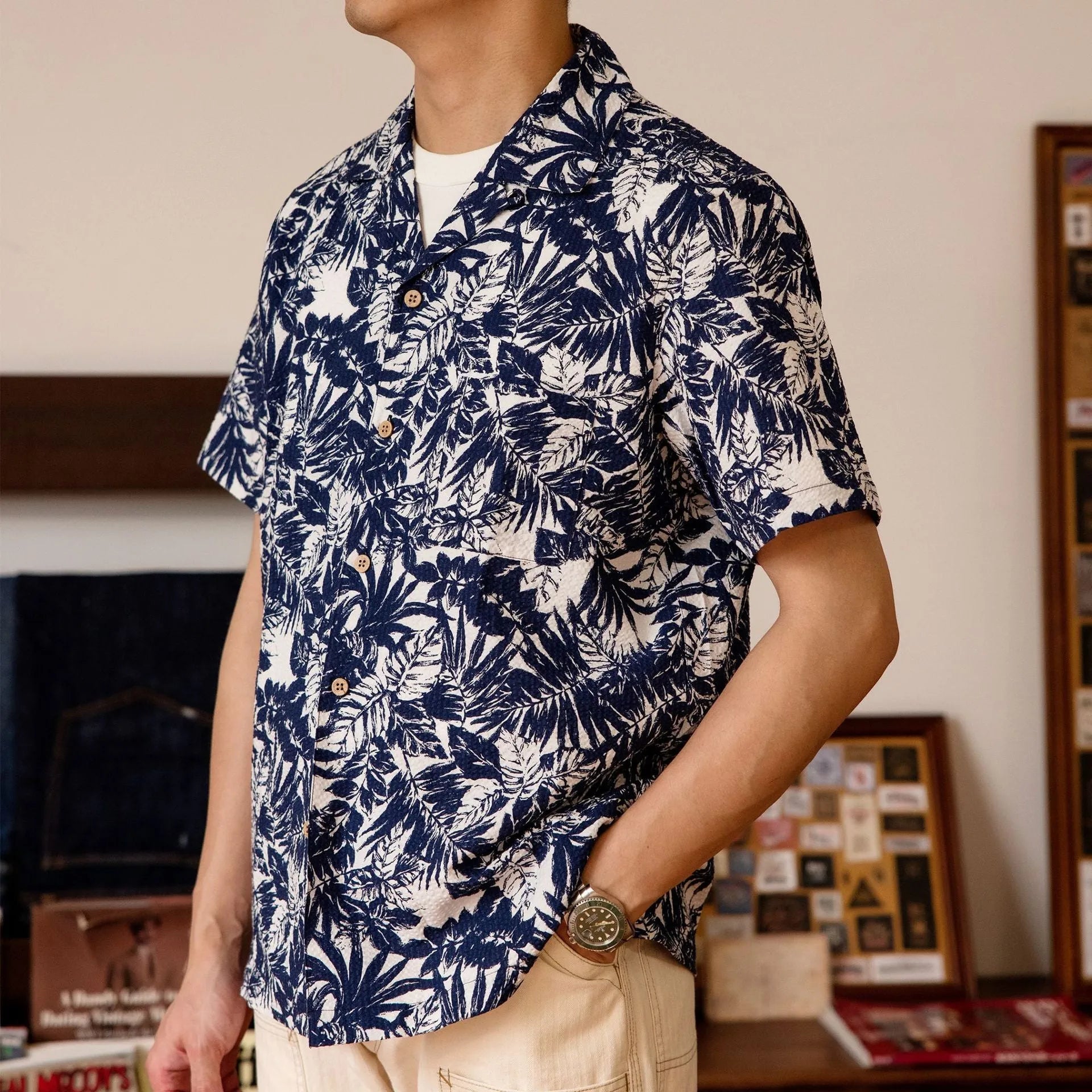 Men's vintage floral printed seersucker Cuban collar shirt in loose fit casual style