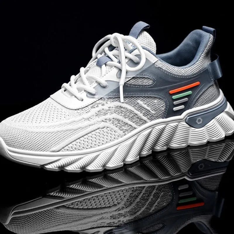 Men's low-top platform casual shoes in white blue with mesh upper and rubber sole.