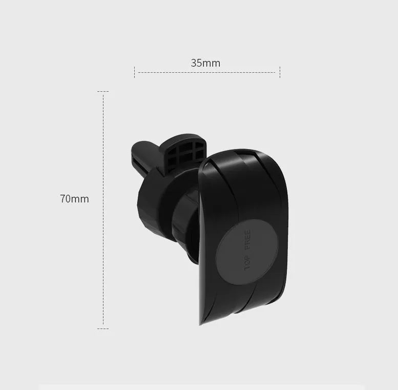 Black car phone holder attached to car air vent with adjustable arms holding mobile device