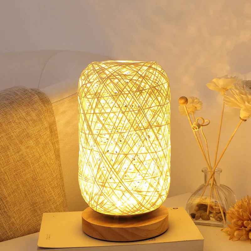 Sepak Takraw desk lamp with hemp rope construction and solid wood base