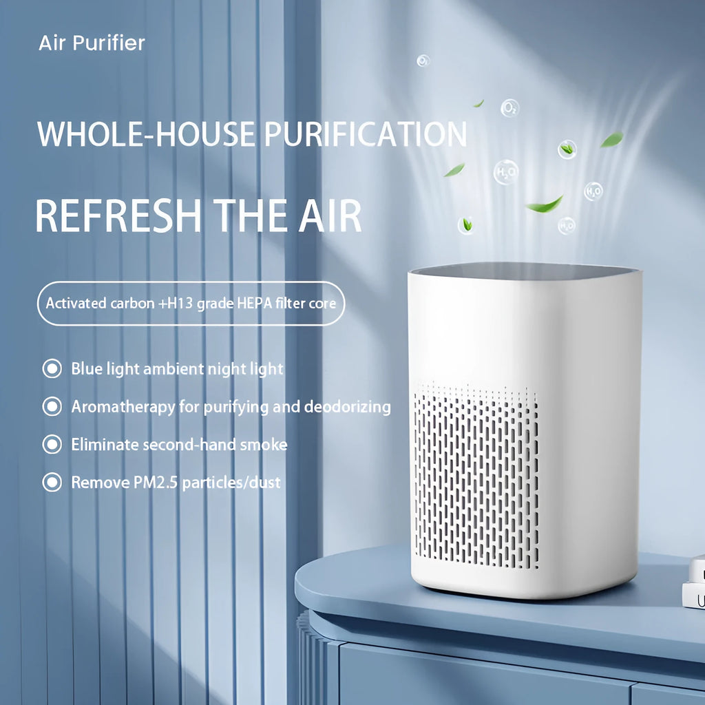Simple style desktop air purifier with USB port for small room odour and smoke removal.