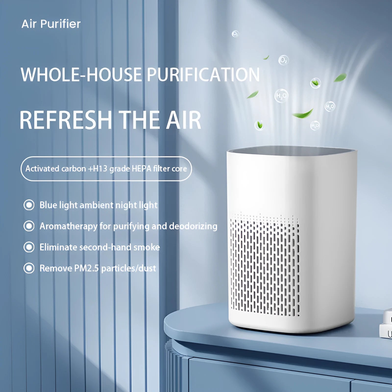 Simple style desktop air purifier with USB port for small room odour and smoke removal.