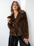 Women's short loose artificial fur coat in rose red colour with regular sleeves.