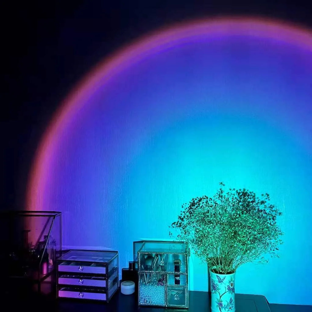 USB rechargeable sunset lamp projecting rainbow colours and sunset red patterns for ambient room lighting